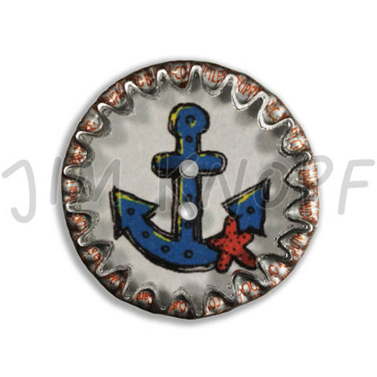 Jim Knopf Button from recycled crown cap anchor motiv 26mm Blau auf Weiß