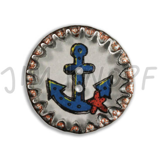 Jim Knopf Knopf aus Kronkorken mit Ankermotiv 26mm Blau auf Weiß