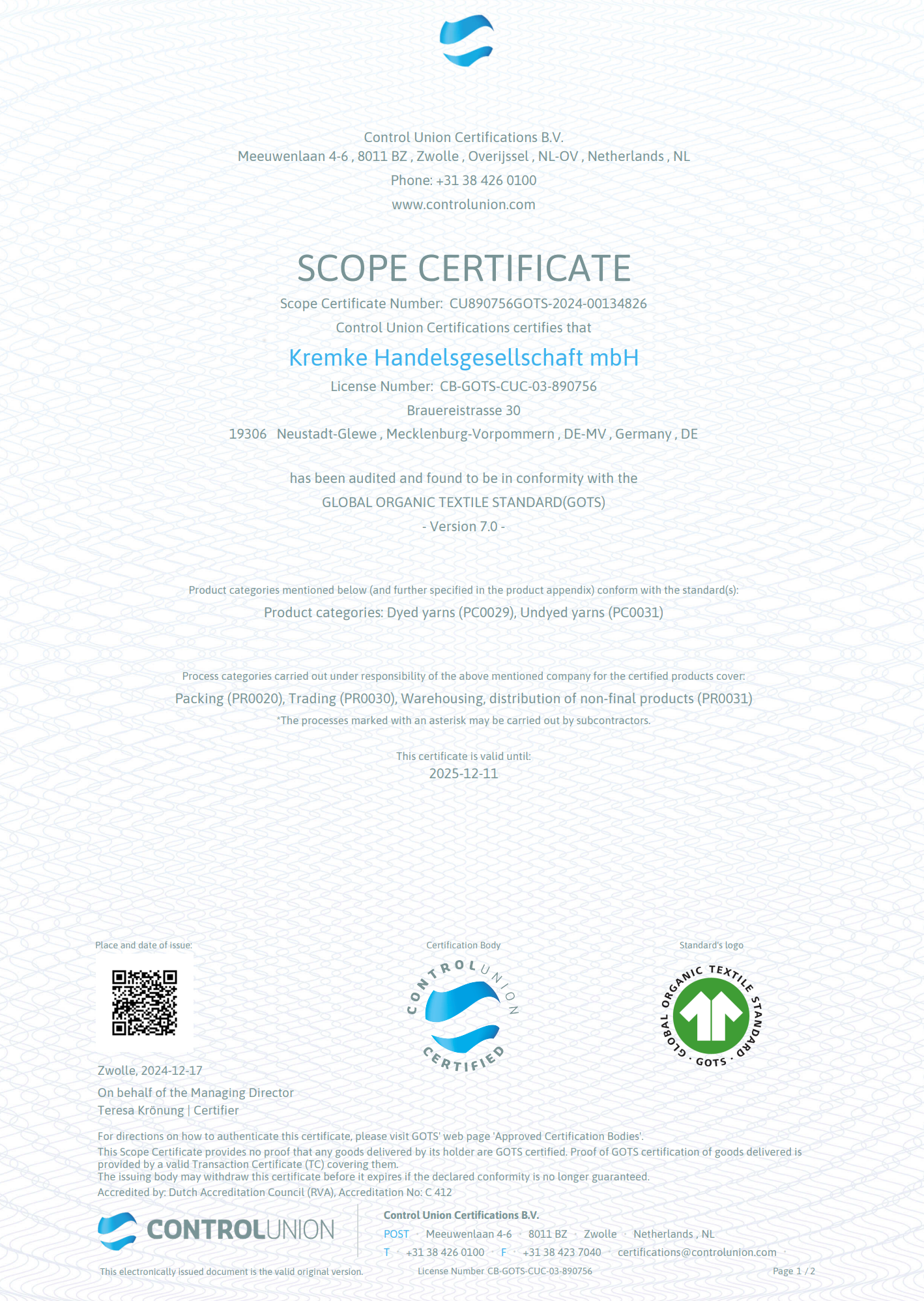 GOTS Zertifikat 2025