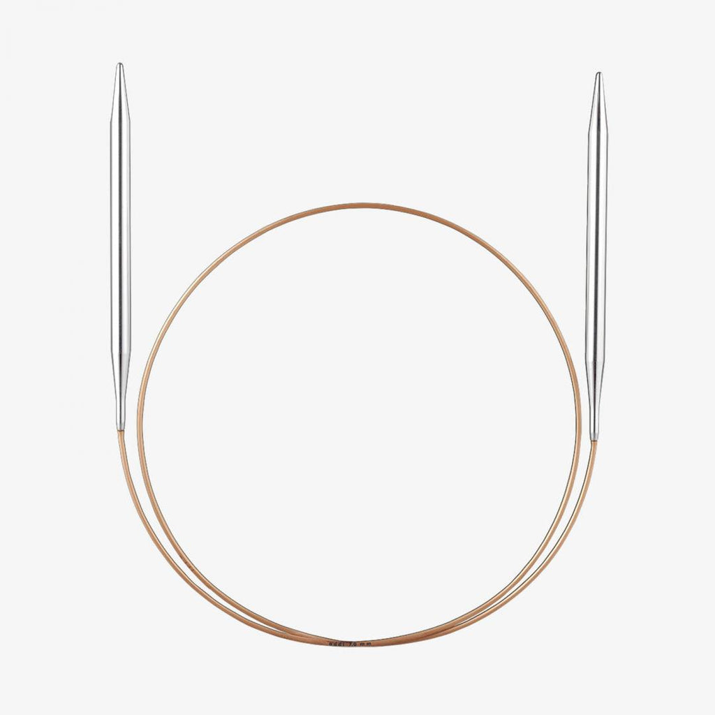105-7 and 114-7 addiClassic circular knitting needles with brass tip and gold cable