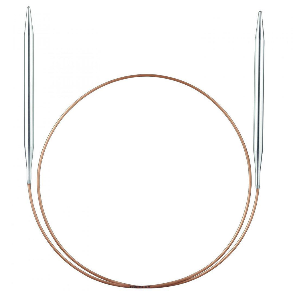 105-7 and 114-7 addiClassic circular knitting needles with brass tip and gold cable